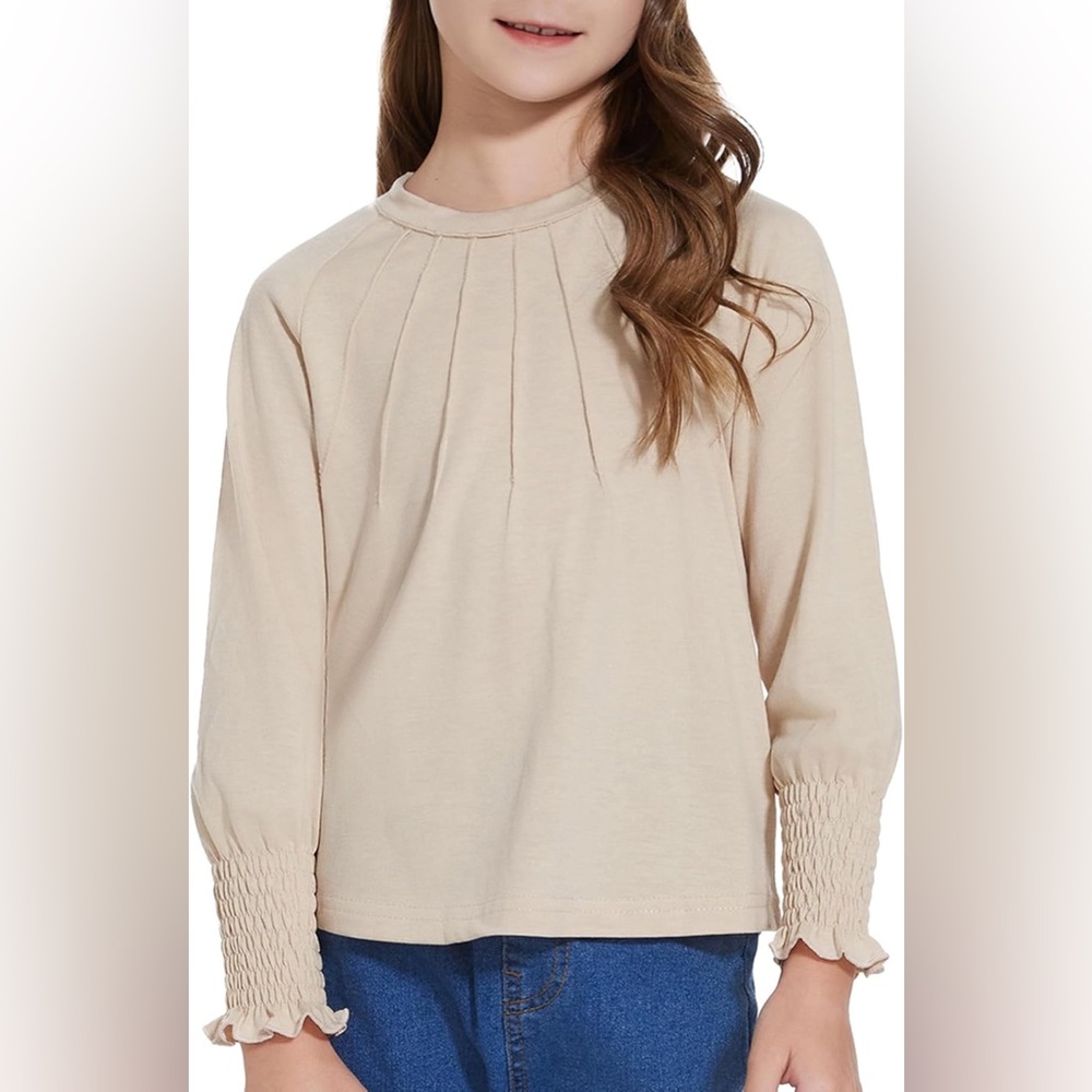 314 NWT Fdqin Girls Long Sleeve Pleated Crew Neck Smocked‎ Cuff Top - Size: 4/5